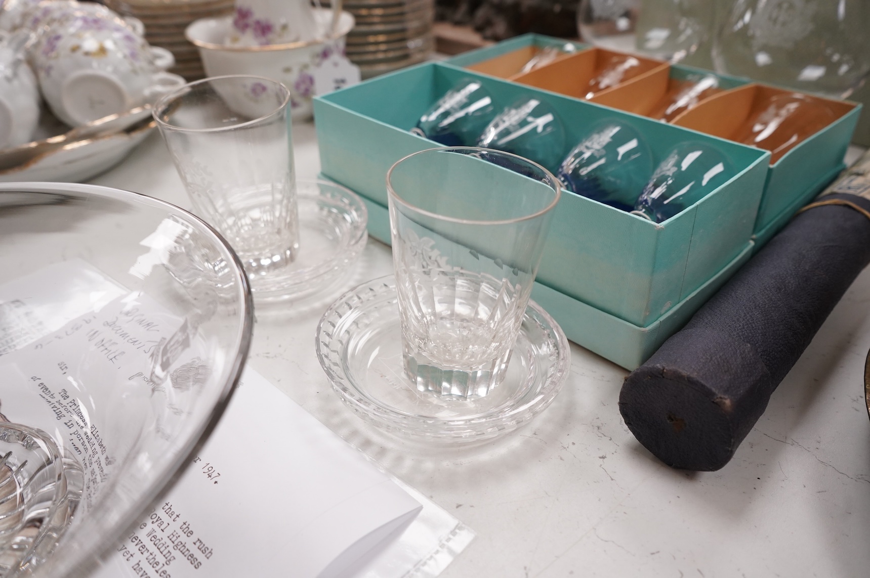 A collection of glass from the company of glass sellers. Including a replica of a gift given to Elizabeth II as a wedding gift, with a letter from the palace.